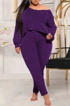 Dark Purple Casual Solid Patchwork O Neck Plus Size Two Pieces