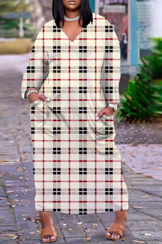 Beige Street Plaid Print Patchwork V Neck Straight Dresses