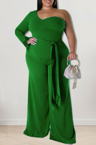 Green Casual Solid Patchwork Oblique Collar Plus Size Jumpsuits