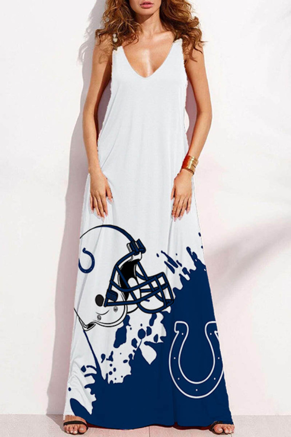 White Blue Sexy Casual Print Backless Spaghetti Strap Long Dress Dresses