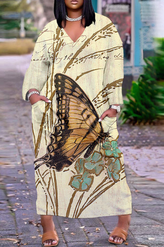 Yellow Casual Print Patchwork V Neck Straight Dresses