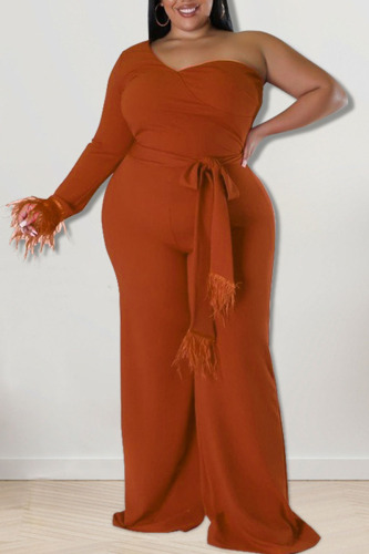 Light Brown Casual Solid Patchwork Oblique Collar Plus Size Jumpsuits