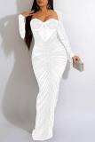 Apricot Sexy Patchwork Hot Drilling See-through Backless Square Collar Long Sleeve Dresses