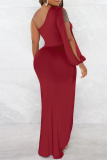 Red Sexy Formal Solid Backless Slit Oblique Collar Long Sleeve Dresses