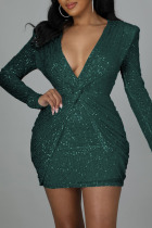 Green Casual Elegant Solid Sequins Patchwork Fold V Neck One Step Skirt Dresses