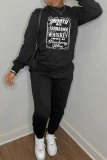 Grey Casual Letter Print Basic O Neck Long Sleeve Two Pieces