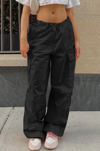 Black Street Solid Patchwork Draw String Harlan Mid Waist Harlan Solid Color Bottoms