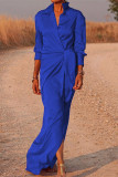 Blue Casual Solid Patchwork Turndown Collar Long Sleeve Dresses