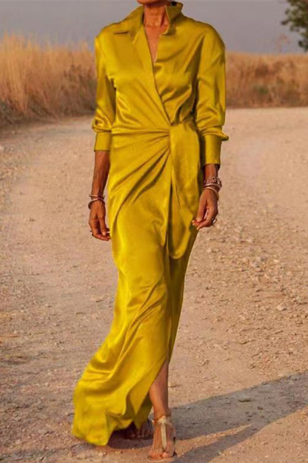 Gold Casual Solid Patchwork Turndown Collar Long Sleeve Dresses