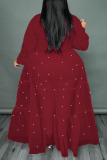 Red Casual Solid Patchwork Buckle Pearl Turndown Collar Shirt Dress Plus Size Dresses