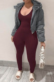 Rose Red Fashion Casual Solid Patchwork V Neck Plus Size Jumpsuits