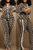 Apricot Casual Daily Print Patchwork Zipper Collar Long Sleeve Two Pieces