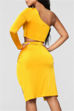 Yellow Sexy Solid Patchwork Backless Slit Oblique Collar Long Sleeve Two Pieces