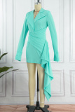 Light Green Casual Solid Patchwork Asymmetrical Turndown Collar Long Sleeve Dresses