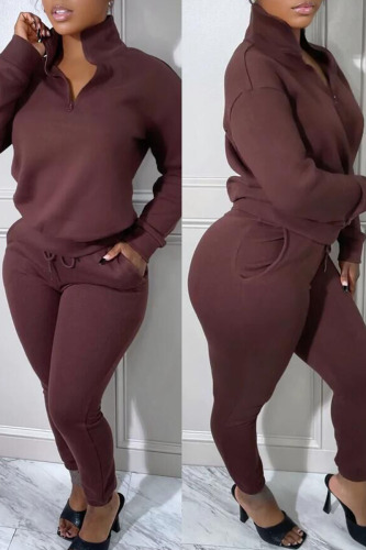 Coffee Casual Solid Patchwork Zipper Collar Long Sleeve Two Pieces