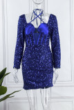 Blue Sexy Patchwork Bandage Sequins Backless Square Collar Long Sleeve Dresses
