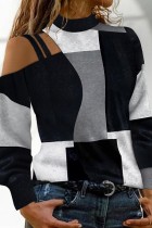 Black Casual Geometric Print Hollowed Out Patchwork Half A Turtleneck Tops