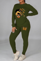 Army Green Vintage Print Patchwork O Neck Long Sleeve Two Pieces