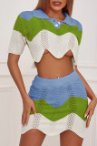 Green Sexy Striped Print Hollowed Out Patchwork Asymmetrical Turndown Collar Short Sleeve Two Pieces