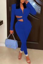 Deep Blue Sexy Solid Bandage Hollowed Out Patchwork Asymmetrical Turn-back Collar Long Sleeve Two Pieces