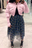 Pink Casual Solid Patchwork Cardigan Mandarin Collar Outerwear