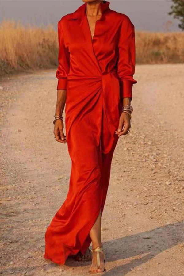 Red Casual Solid Patchwork Turndown Collar Long Sleeve Dresses