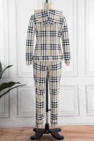 White Elegant Plaid Patchwork Hooded Collar Long Sleeve Two Pieces