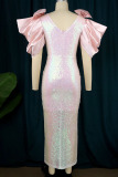 Pink Celebrities Elegant Solid Patchwork With Bow V Neck Evening Dress Dresses