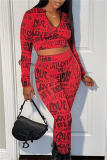 Red Casual Print Basic Zipper Collar Long Sleeve Two Pieces