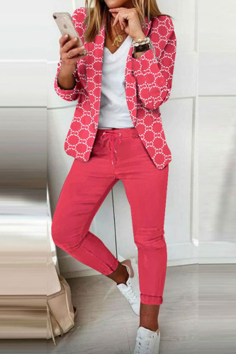 Red Casual Print Patchwork Cardigan Pants Turn-back Collar Long Sleeve Two Pieces