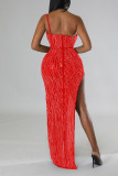 Red Sexy Solid Patchwork Slit Asymmetrical Halter Mesh Dress Dresses