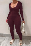 Brown Red Fashion Casual Solid Patchwork V Neck Plus Size Jumpsuits