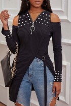 Black Casual Solid Hollowed Out Slit Beading V Neck Tops
