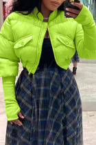 Fluorescent Green Casual Solid Patchwork Cardigan Mandarin Collar Outerwear