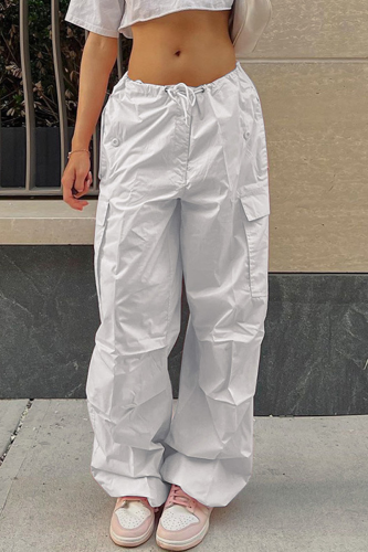White Street Solid Patchwork Draw String Harlan Mid Waist Harlan Solid Color Bottoms