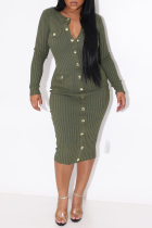 Army Green Street Solid Buckle V Neck Pencil Skirt Dresses