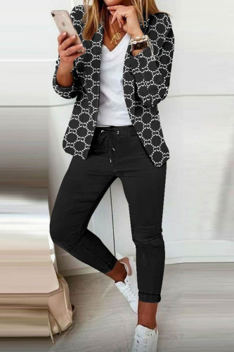 Black Casual Print Patchwork Cardigan Pants Turn-back Collar Long Sleeve Two Pieces