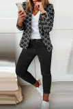 Red Casual Print Patchwork Cardigan Pants Turn-back Collar Long Sleeve Two Pieces