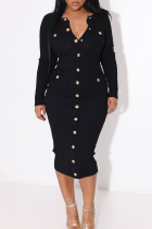 Black Street Solid Buckle V Neck Pencil Skirt Dresses