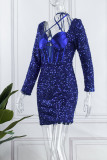Blue Sexy Patchwork Bandage Sequins Backless Square Collar Long Sleeve Dresses