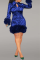 Blue Party Print Feathers Turndown Collar Pencil Skirt Dresses
