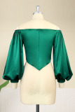 Green Elegant Solid Patchwork Asymmetrical Off the Shoulder Tops