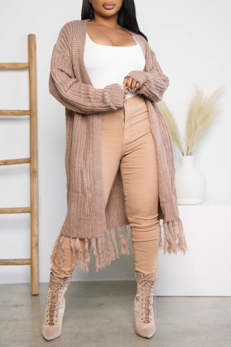 Light Brown Casual Solid Tassel Patchwork Cardigan Collar Outerwear