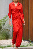 Red Casual Solid Patchwork Turndown Collar Long Sleeve Dresses