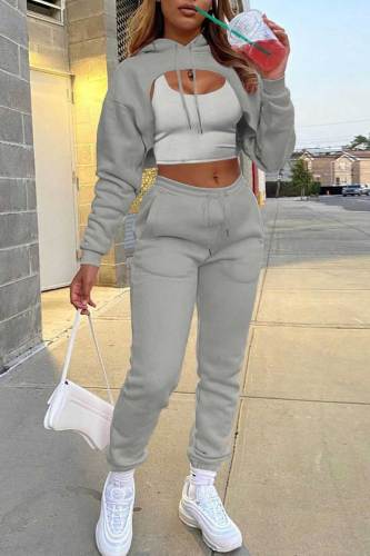 Light Gray Casual Street Solid Patchwork Hooded Collar Long Sleeve Three Pieces