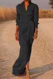 Black Casual Solid Patchwork Turndown Collar Long Sleeve Dresses