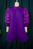 Purple Elegant Solid Patchwork Fold Zipper Cardigan Collar A Line Dresses