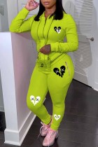 Fluorescent Yellow Casual Print Patchwork Hooded Collar Long Sleeve Two Pieces