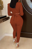 Tangerine Red Sexy Solid Bandage Hollowed Out Patchwork Asymmetrical Turn-back Collar Long Sleeve Two Pieces