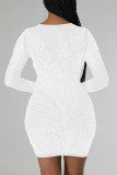 White Sexy Solid Patchwork See-through Hot Drill O Neck Pencil Skirt Dresses